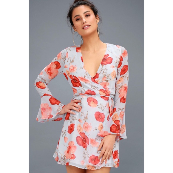 Lulu's Floral Chiffon Skater Kimono Sleeve Mini Casual Date Blue Weekend Dress - Picture 5 of 9